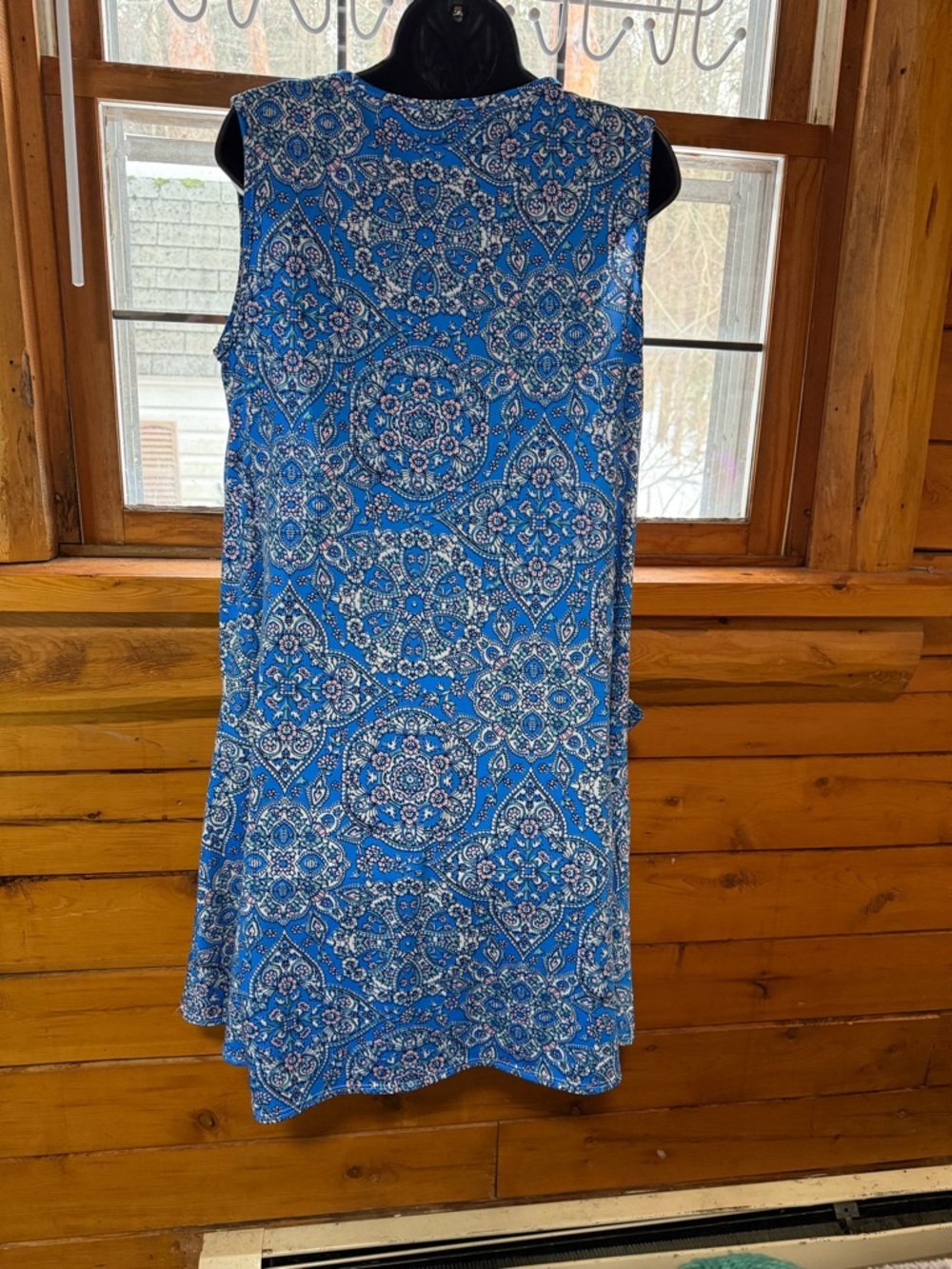 Blue Mediterranean Tile Print Shift Dress with Pockets Sleeveless Size XL - Picture 4 of 10